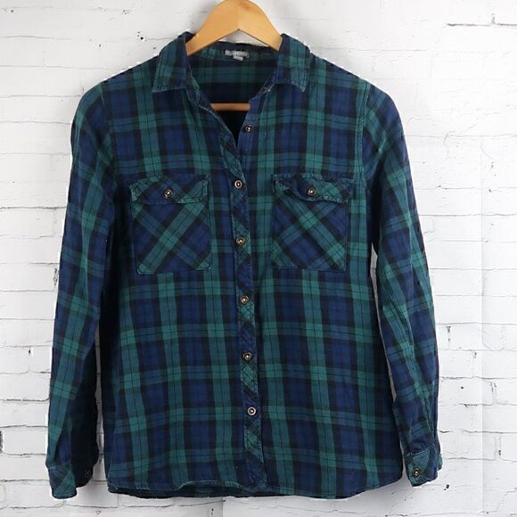 CHARLOTTE RUSSE BLUE & GREEN COTTON PLAID BUTTON DOWN LONG SLEEVE SHIRT SIZE S - Picture 1 of 9